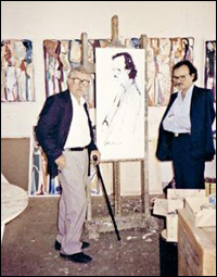   في استديو الرسام اللبناني بول غيراغوسيان في منطقة جديدة المتن أواخر الثمانينيات (من أرشيف جمعية بول غيراغوسيان)